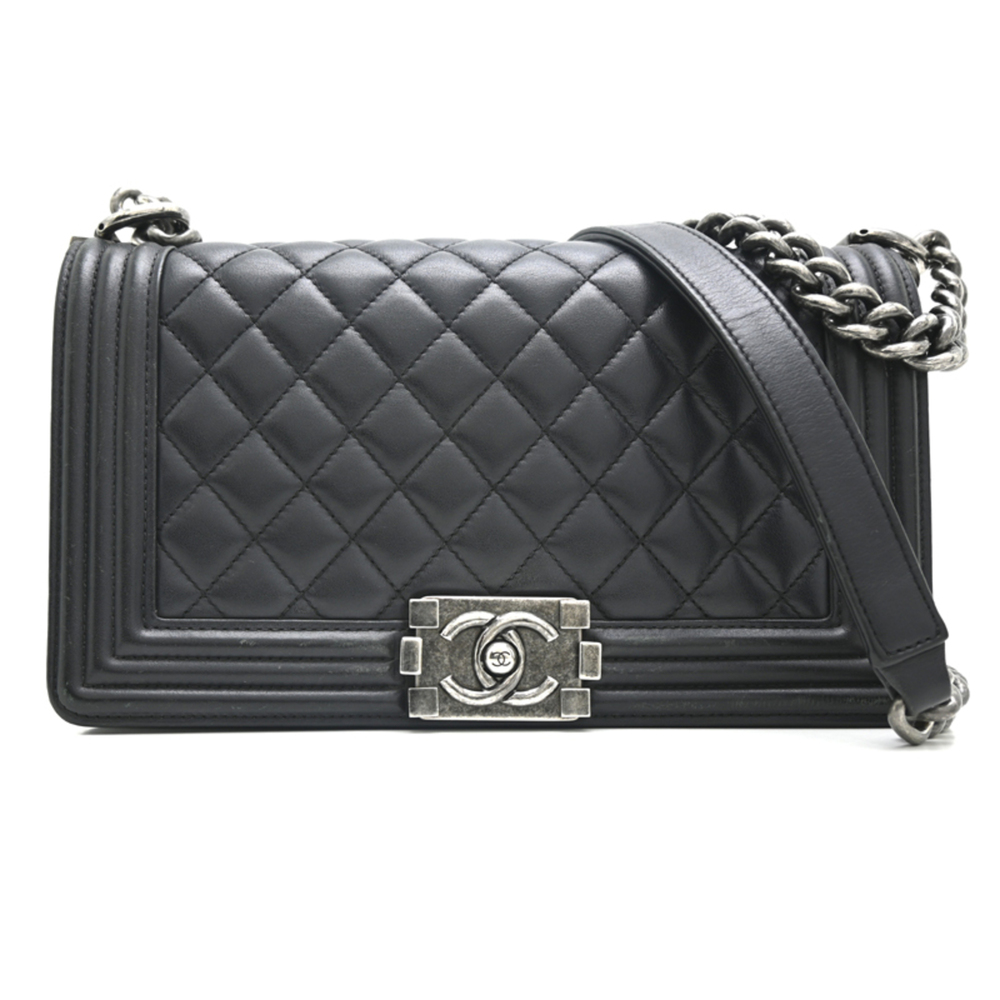 Chanel Boy 25 Chain Shoulder Bag, Embossed, Women's A67086, Lambskin, Black